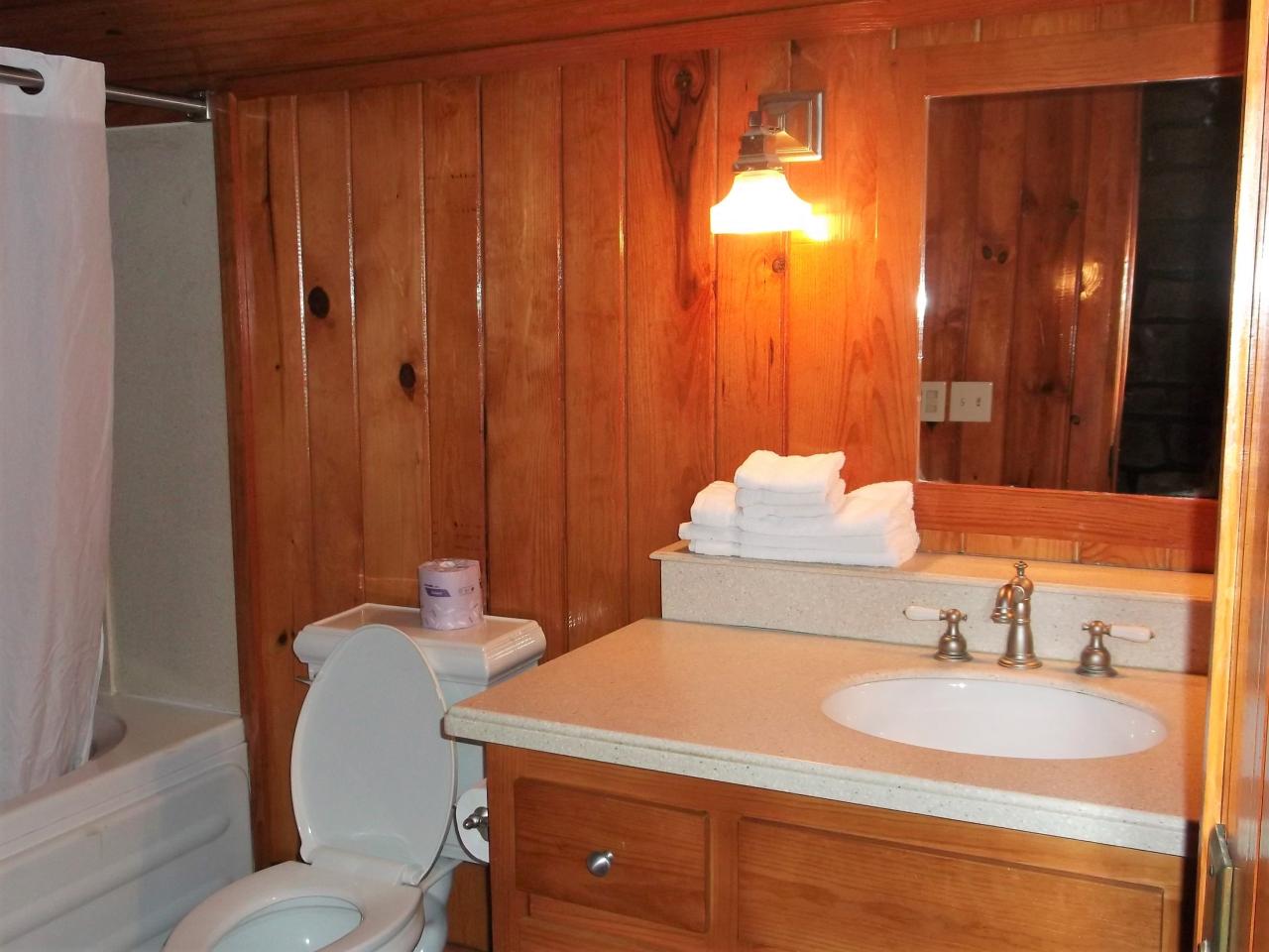 A view of the bathroom in cabin 18 including the shower, toilet and vanity